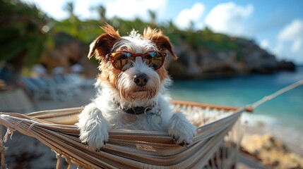 Poster - Dog Relaxing in a Hammock on a Beach