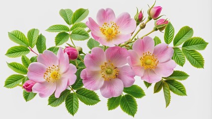 Wall Mural - Collection of Pink Wild Rose Flowers, Buds, and Leaves Isolated on a Background, pink, wild rose, flowers, buds, leaves