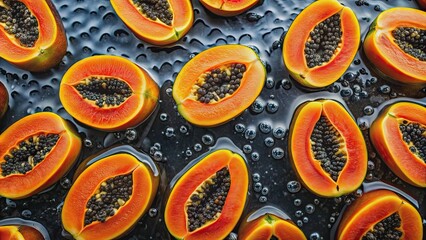 Canvas Print - Ripe papaya slices creating colorful patterns in dark water tank, papaya, fruit, slices, colorful, contrast, patterns, water, tank