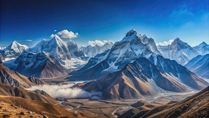 Sticker - Panoramic view of majestic mountain range under clear blue sky, mountains, panoramic, view, landscape, nature, scenery