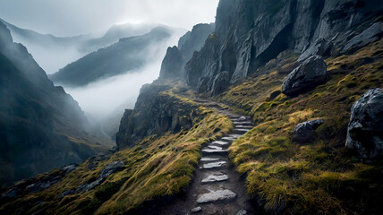 Wall Mural - A majestic mountain range with snowcapped peaks and lush green valleys stretching endlessly