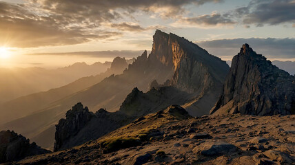 Wall Mural - A majestic mountain range with snowcapped peaks and lush green valleys stretching endlessly