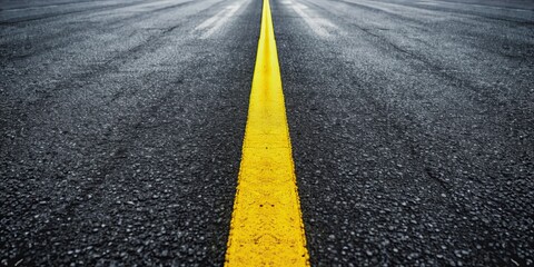 Canvas Print - Black asphalt road with bright yellow markings , pavement, street, transportation, highway, lines, stripes