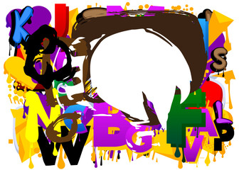 Wall Mural - Graffiti speech bubble on colorful background. White abstract modern Messaging sign street art decoration, Discussion icon performed in urban painting style.