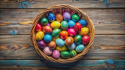 Wall Mural - Creative poster with a basket of colorful Easter eggs, perfect for celebrating Easter Day , Easter, eggs, basket