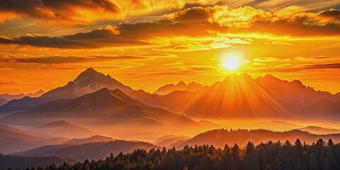 Poster - Beautiful sunset casting a warm glow over a majestic mountain range with a large sun in the sky, sunset, mountain range