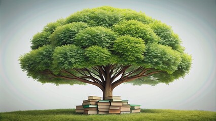 Poster - Lush green tree with branches filled with books symbolizing the Tree of Knowledge, education, wisdom, growth