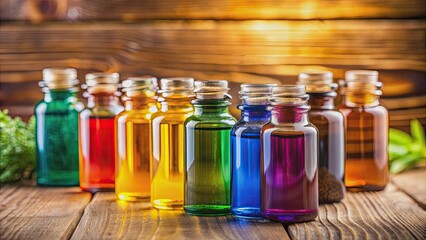 Canvas Print - Close-up of colorful essential oil bottles on a wooden background, aromatherapy, organic, wellness