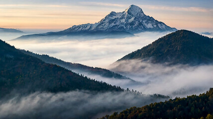 Wall Mural - A majestic mountain range with snowcapped peaks and lush green valleys stretching endlessly