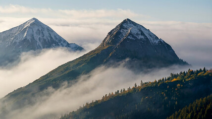 Wall Mural - A majestic mountain range with snowcapped peaks and lush green valleys stretching endlessly