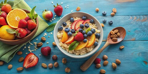 Wall Mural - A breakfast bowl filled with oatmeal, nuts, and fresh fruit on a blue tabletop surrounded by bowls of fruit and nuts, breakfast