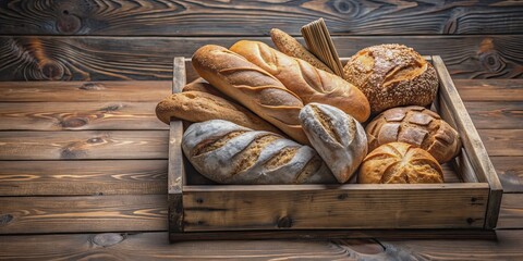 Sticker - Freshly baked bread stored in a rustic wooden box , bread, wooden box, bakery, delicious, food, homemade, artisan, organic