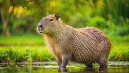 Sticker - Capybara in a natural habitat , wildlife, rodent, South America, mammal, aquatic, grasslands, large, herbivore, social, water, swimming