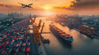 © missisya - Realistic photo of a global shipping port, featuring container logistics, a large ship, and an airplane in flight