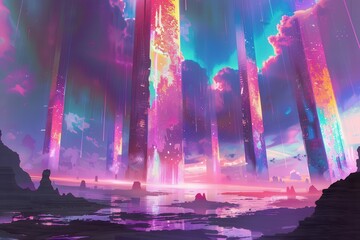 Wall Mural - Futuristic Cityscape with Vibrant Glowing Skyscrapers by the Sea