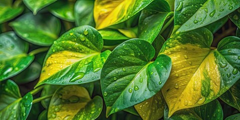 Wall Mural - Close up of vibrant green and yellow devil's ivy leaves with water droplets, tropical, foliage, vine, plant, golden pothos, nature