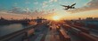 © missisya - Realistic photo of a logistics hub with a container ship docked, an airplane flying overhead, and global operations