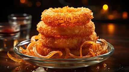 Sticker - Delicious crispy onion rings, black and blur background