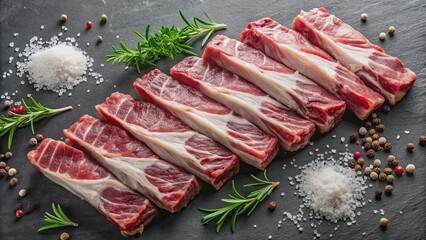 Sticker - Raw meat rib background with salt and herbs, raw, meat, rib, background, salt, herbs, seasoning, uncooked, cooking