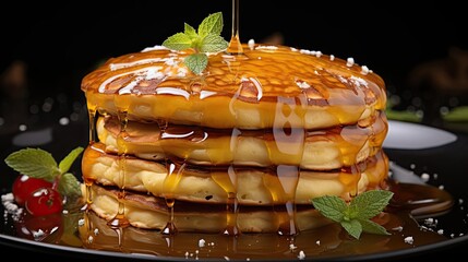Wall Mural - Close-Up of pile of pancakes with melted sweet syrup and fruit toppings with a blurred background