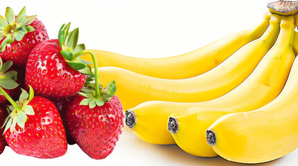 Poster - Juicy strawberries and bananas falling in detail on a white background. AI generative.