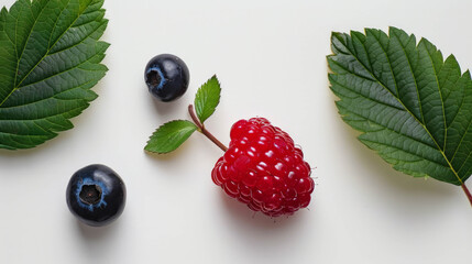 Poster - Closeup of a juicy blackberry with a small leaf on a white background. AI generative.