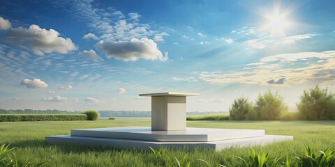 Poster - Serene outdoor scene with empty podium against soft sky background, product display, showcase, empty, podium, tranquil, peaceful