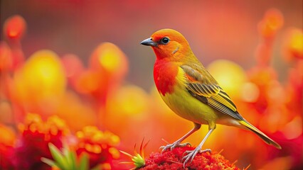 Poster - Vibrant red and yellow bird in a garden with fiery background, fire, garden, bird, colorful, red, yellow, vibrant, nature, flames