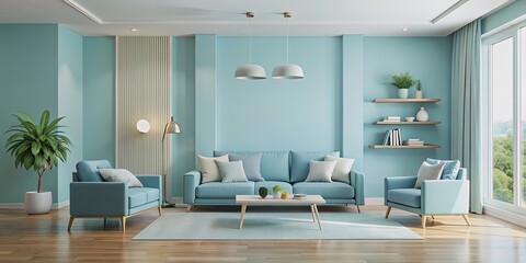 Poster - Modern living room with light blue decor, light blue, modern, living room, decor, interior design, contemporary, cozy