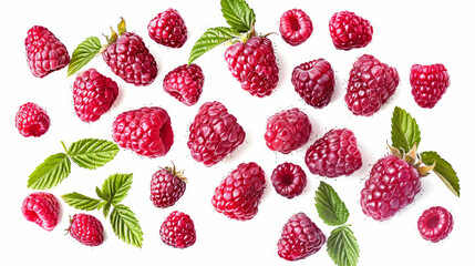 Poster - Cascading fresh raspberries captured in motion against a pristine white background, evoking vitality. AI generative.