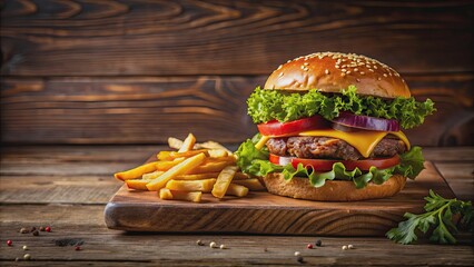 Poster - Delicious burger with fries on a rustic wooden table , fast food, meal, beef, cheese, potato, American, tasty, restaurant, lunch