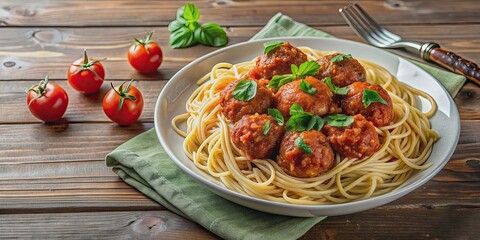 Sticker - Plate of spaghetti with tomato sauce and meatballs , pasta, Italian cuisine, food, noodles, dinner, delicious, sauce, meatballs, fork