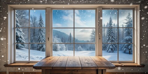 Sticker - Winter window with snow falling and an empty table with a view of the snowy landscape outside, winter, window, snow, empty