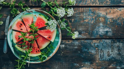 Wall Mural - Platter with fresh watermelon slices blooming oregano bouquet on wooden table Summer view from above