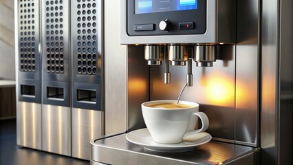 A sleek, modern vending machine dispenses steaming hot coffee into a waiting cup, surrounded by rows of buttons and a digital display screen.