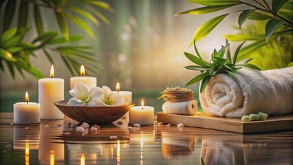 Poster - Serene spa setting with soft ambient lighting, relaxation, wellness, peaceful, tranquil, interior, luxury