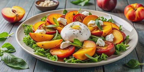 Canvas Print - Fresh summer salad with burrata cheese, mozzarella, and ripe peaches, refreshing, seasonal, healthy, gourmet