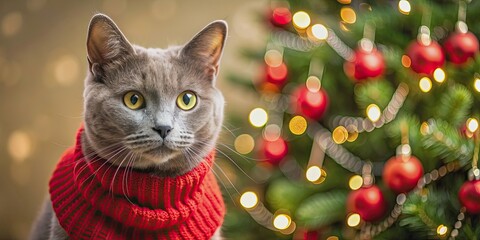 Sticker - Serious gray domestic cat in red sweater posing in front of the Christmas tree, cat, domestic, gray, serious