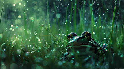 Wall Mural - A dark green meadow with morning dew and a frog, showcasing nature's beauty, AI generative.