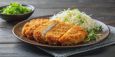 Wall Mural - Crispy breaded tonkatsu pork cutlet with cabbage, Tonkatsu, Breaded, Pork, Cutlet, Japanese food, Fried, Crispy, Cabbage