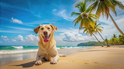 Poster - Happy dog playing on sandy tropical beach by the ocean, enjoying vacation and tourism, Happy, cute, dog, beach, sand, tropical