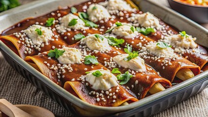 Canvas Print - Delicious chicken enmoladas covered in rich mole sauce and topped with cheese and sesame seeds, Mexican, dish