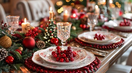 Christmas dining table set with festive decorations and a holiday feast