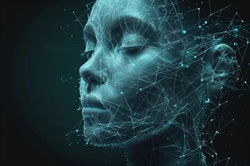 Wall Mural - digital female head with wireframe and light particle effects on dark background