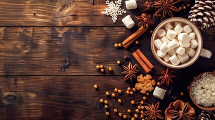 Wall Mural - Hot chocolate with mini marshmallows and winter spices on dark wooden background