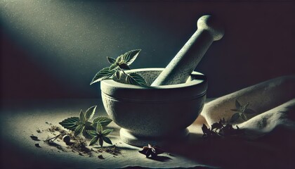 Wall Mural - Stone Mortar and Pestle with Herbs and Spices - Dark, Moody Still Life Photography.