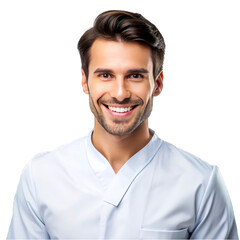 Happy man wearing stylish dentistry uniform isolated on transparent background