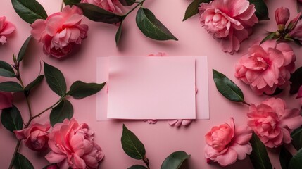 Poster - a photo of a baby pink sheet of paper centered on the screen surrounded by pink camelias, AI Generative