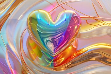 Poster - a rainbow of all colors in the middle of a heart on a gentle light background with golden lines in 3D format, AI Generative