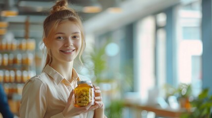 Sticker - a young girl 35 years old in office clothes, cheerful, holding a jar of dietary supplements in her hands, communicating with colleagues, AI Generative